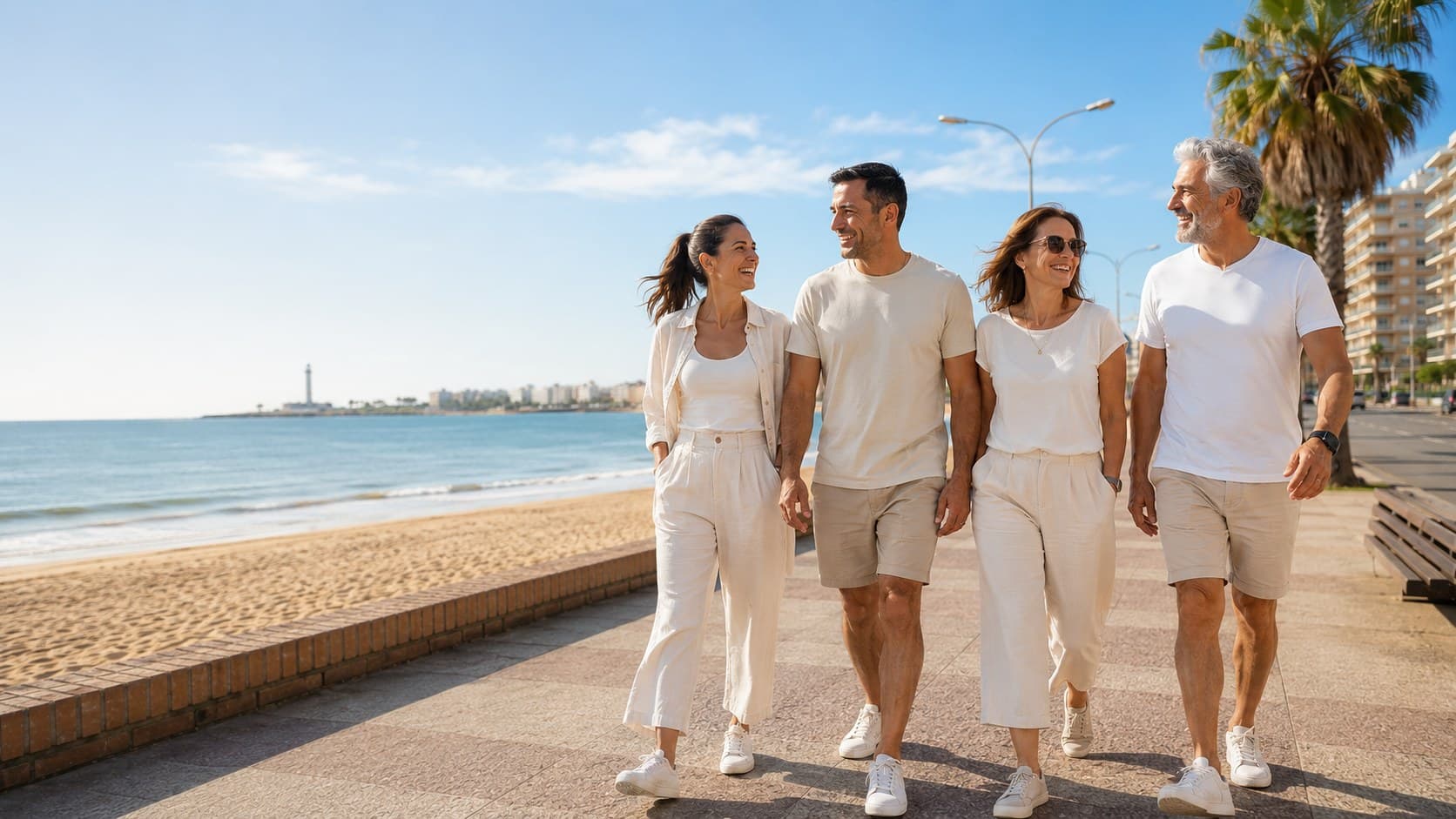 Tres amigos caminando por la Rambla de Montevideo